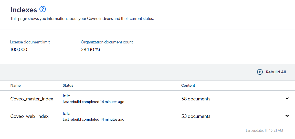 Screenshot of the Coveo Command Center showing index statuses and document counts