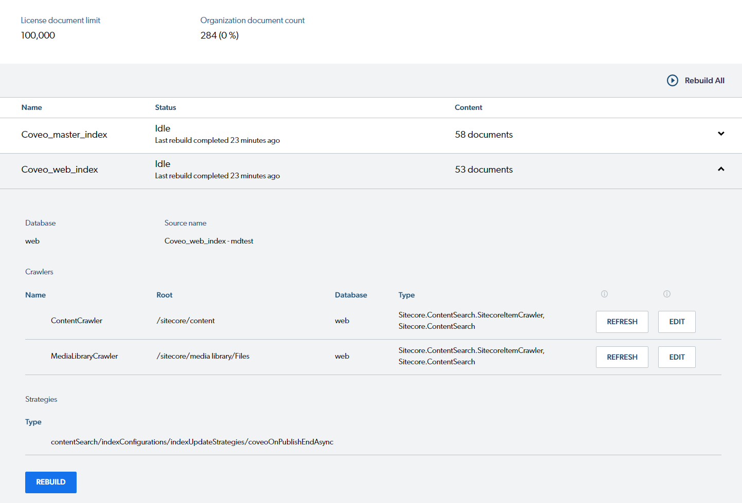 Screenshot of the Command Center indexes page with the Coveo Web Index expanded