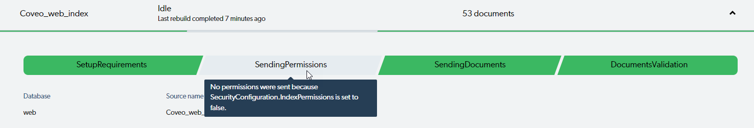 Screenshot showing the user hovering their mouse over the Sending Permissions phase in the indexing progress bar and Coveo providing a tooltip message explaning why the phase was skipped