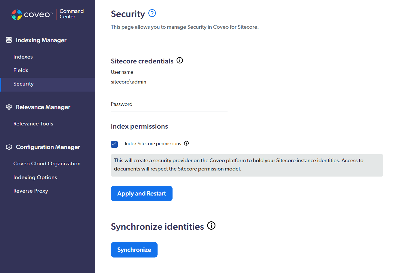 Screenshot of the Coveo Command Center Security page