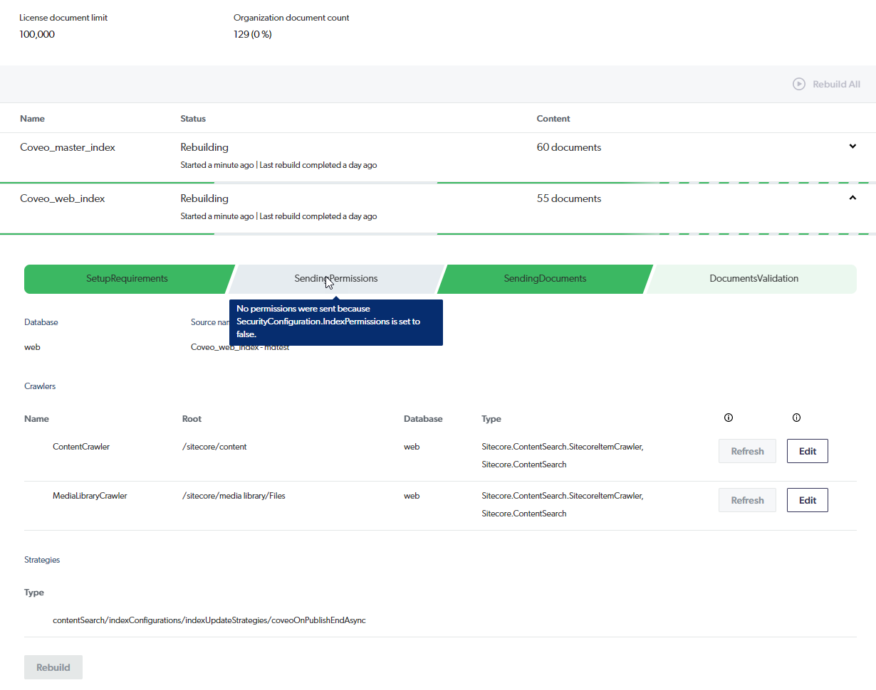 Screenshot of the Command Center indexes page with both indexes in the Documents Validation phase and the Sending Permissions phase displayed as skipped because index permissions is set to false