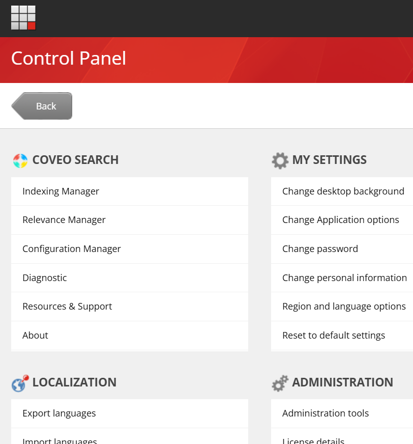 Coveo Search section in the Sitecore Control Panel | Coveo for Sitecore
