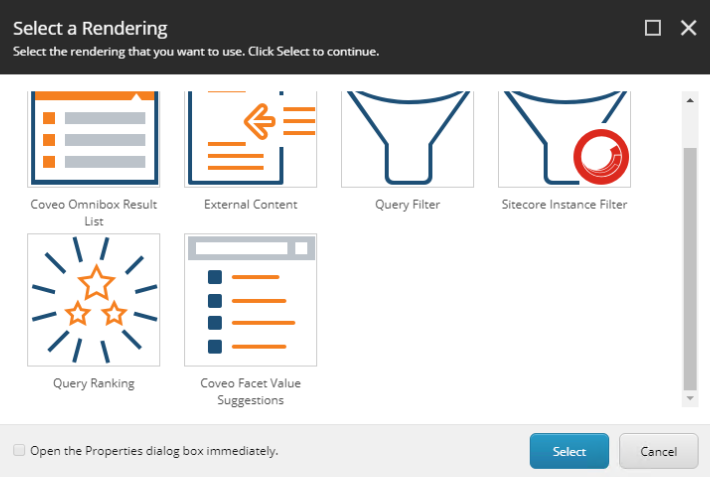 The Sitecore Select a Rendering window showing allowed controls | Coveo