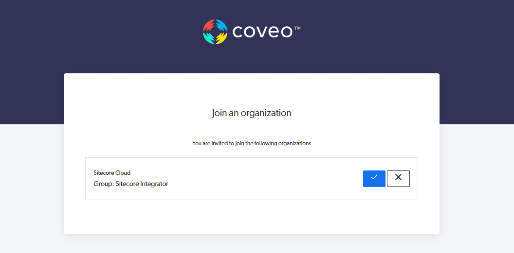 Join organization screen showing invitation to Sitecore Cloud group Sitecore Integrator | Coveo
