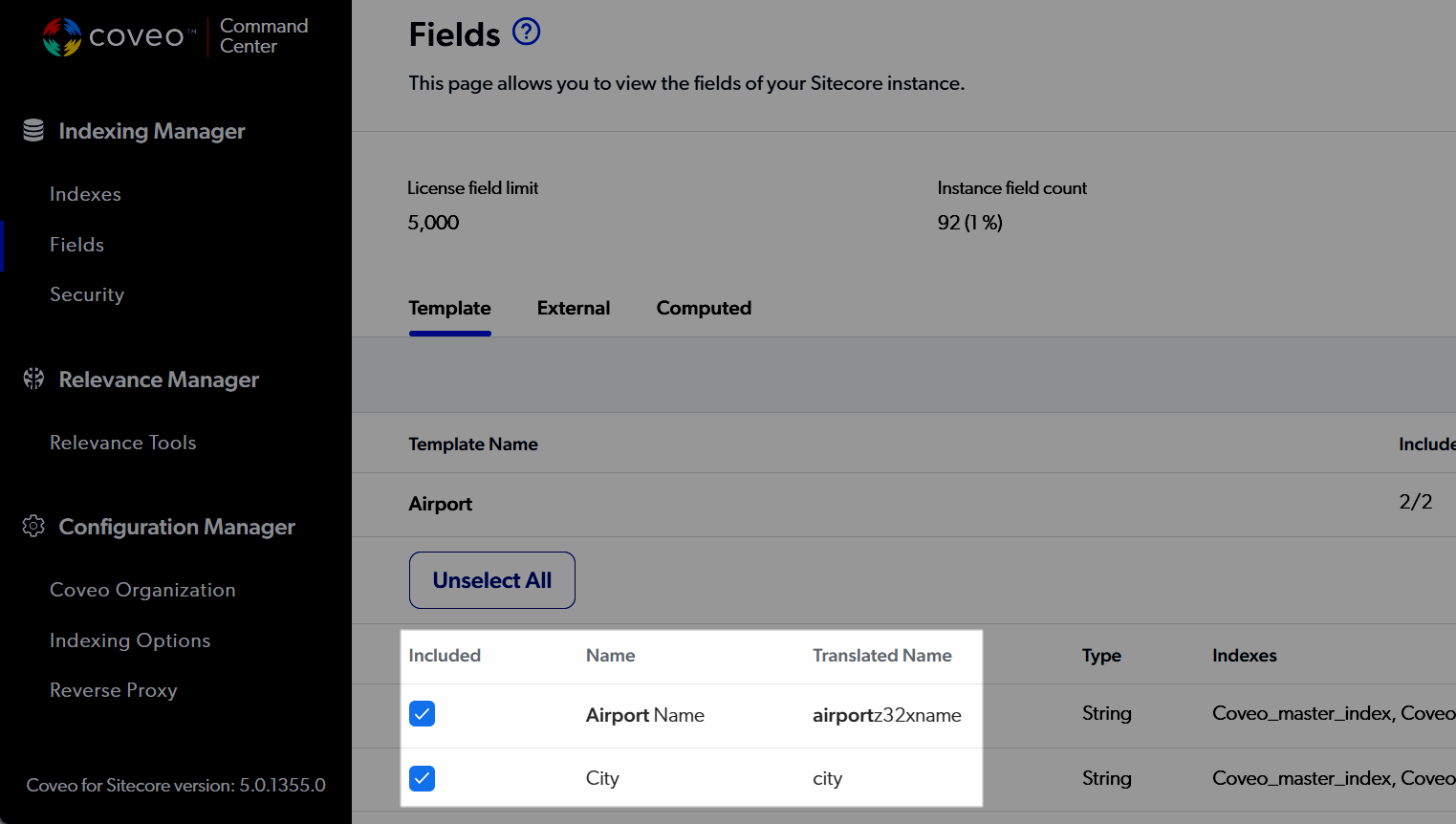 Screenshot showing Command Center with highlight on Name and Translated Name columns | Coveo