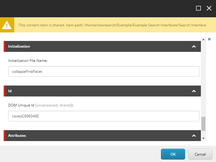 Screenshot of the Search Interface component data source with the Initialization File Name field value set to Collapse First Facet