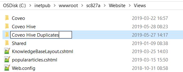 Screenshot of Windows file explorer showing the creation of a Coveo Hive duplicates folder inside the views folder