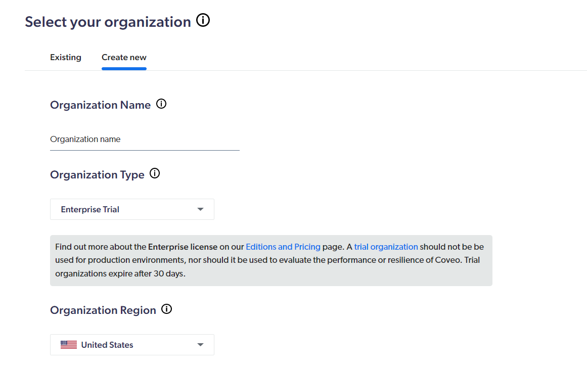 Create New organization section | Coveo for Sitecore 5