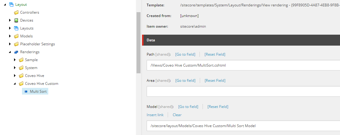 Screenshot of the Sitecore content tree with the Multi Sort renderings item selected and its Model field referencing the Multi Sort Model item