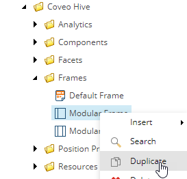 Screenshot of the Sitecore content tree with the Modular Frame item selected and the Duplicate option highlighted | Coveo