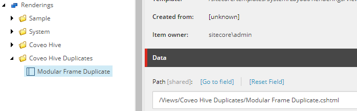 Screenshot of the Modular Frame duplicate item showing the path to the modular frame duplicate dot cshtml view file | Coveo