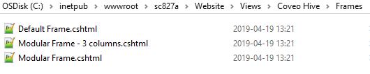 Screenshot of the Windows file explorer showing the modular frame view file and the other original Coveo Hive frame cshtml view files