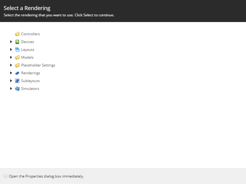 The Sitecore Select a Rendering window showing a tree list | Coveo
