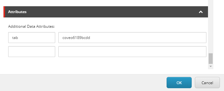 Screenshot of the data source Additional Data Attributes with a tab key and its value set to a DOM unique id | Coveo