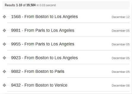 Flight search results showing flights from Boston Paris and Venice with dates and flight numbers | Coveo