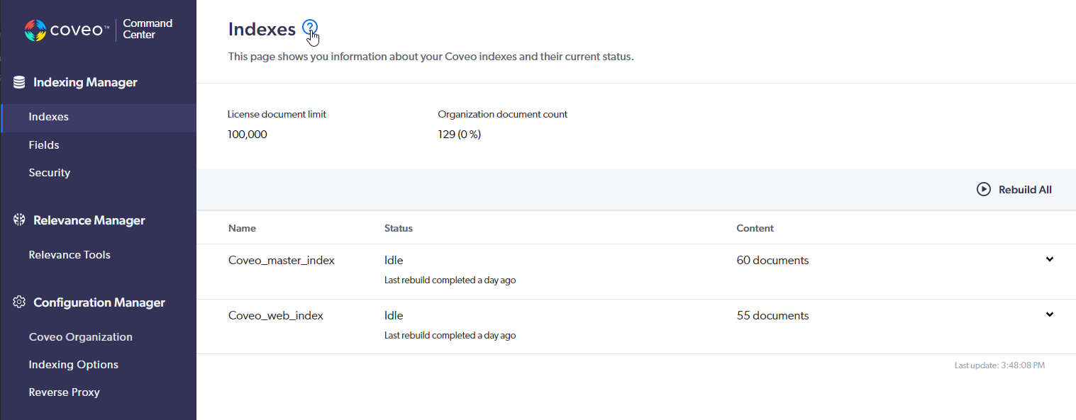 Screenshot of the Coveo Indexing Manager page showing the Indexes page with the help button next to the page title