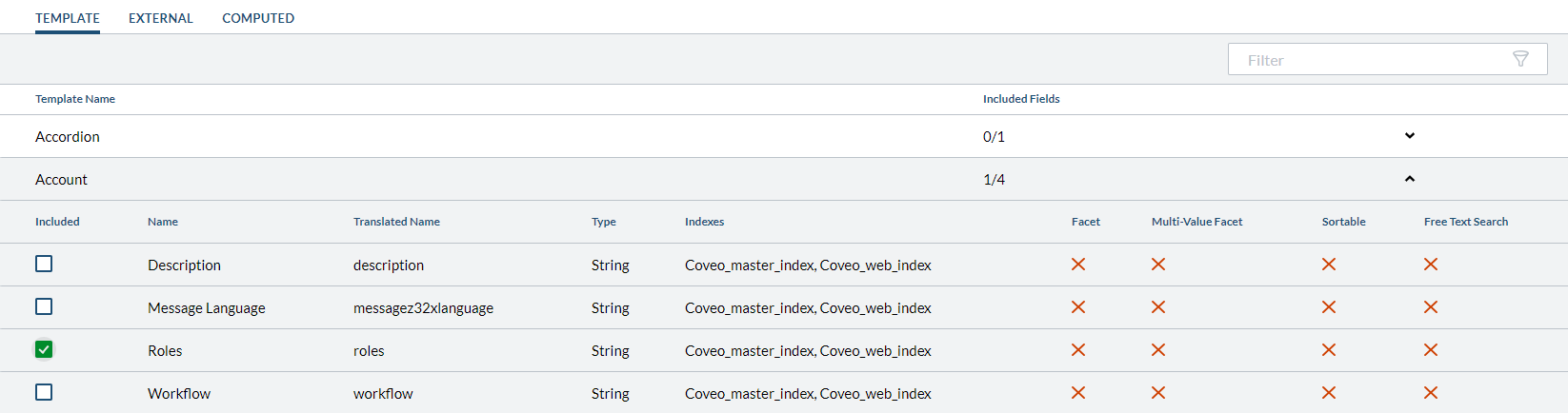 Screenshot of the Command Center template fields section with the the roles field of the account template selected| Coveo
