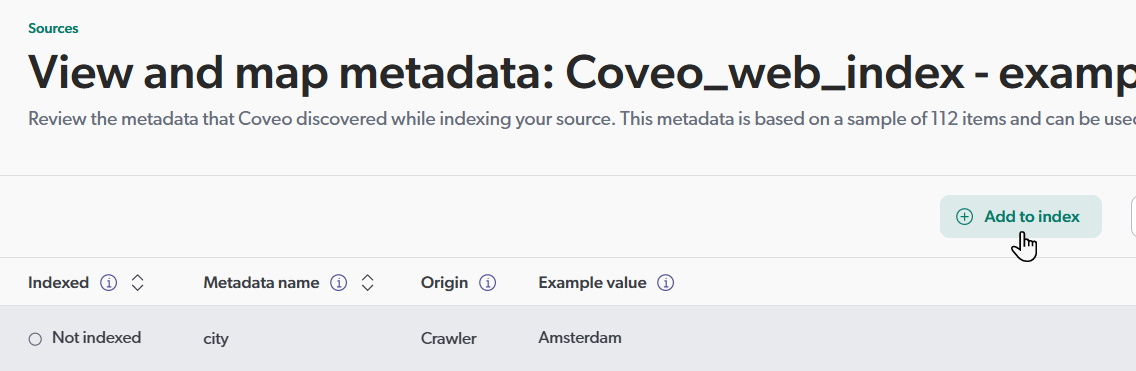 Screenshot showing the unindexed city metadata in the View and map metadata subpage | Coveo
