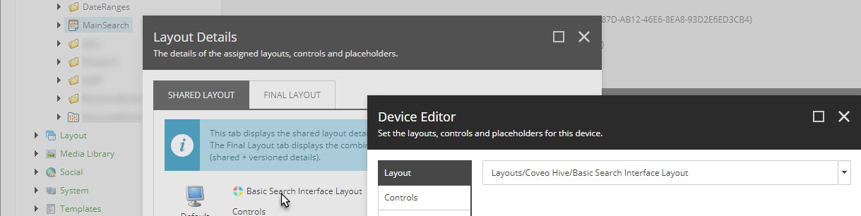 Device editor showing the location of the basic search interface layout item | Coveo