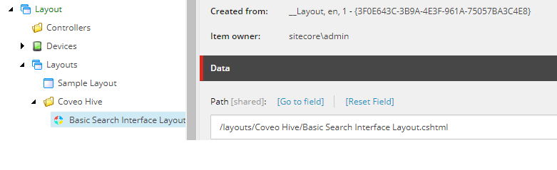 Screenshot showing the value of the Path field for the Basic Search Interface Layout item | Coveo