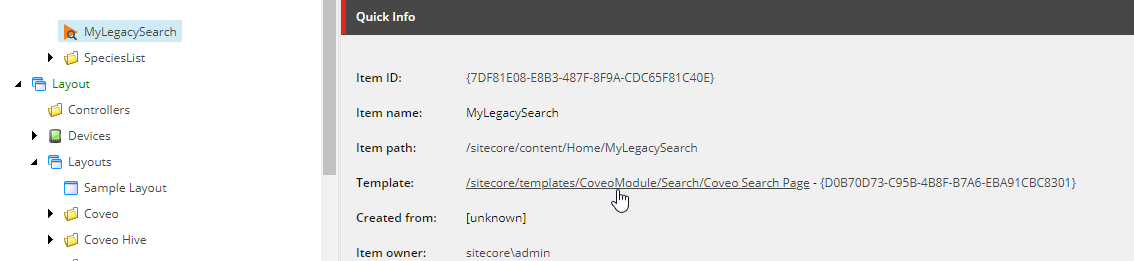 Screenshot of the Sitecore content tree with a My Legacy Search item selected and its template field showing Coveo Module in its value | Coveo