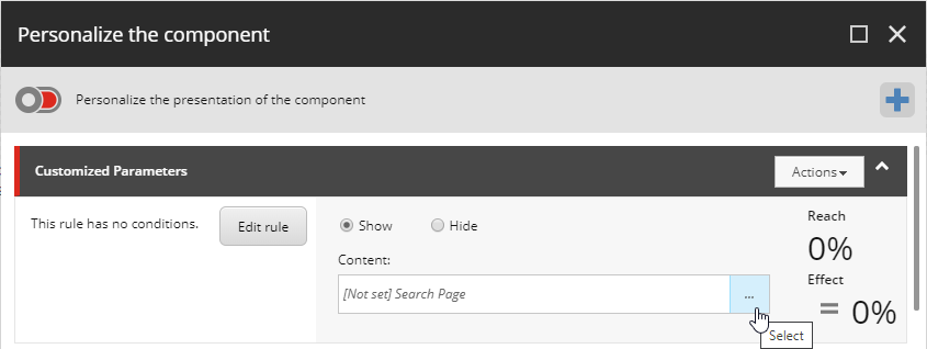 Screenshot of the Sitecore Personalize the component dialog with the user clicking the Content field ellipsis button | Coveo