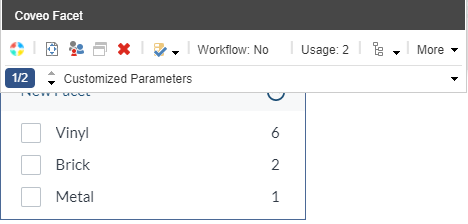 Screenshot of the Sitecore Experience Editor with the Coveo Facet displaying 3 values and its floating toolbar showing Customized parameters | Coveo