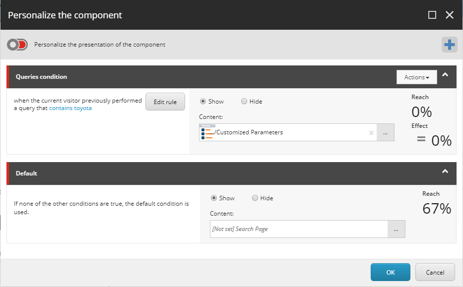 Screenshot of the Sitecore Personalize the component window with a rule configured to show the component when the current visitor previously performed a query that contains the word toyota
