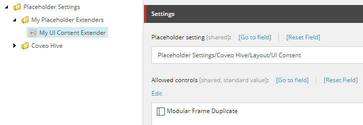 Screenshot of a new placeholder extender item in the Sitecore content tree with the modular frame duplicate item in the allowed controls