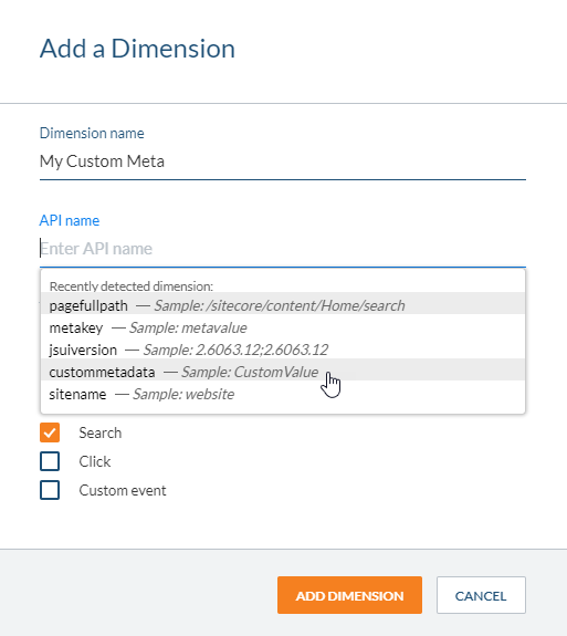 The Add a dimension window showing the custom metadata metadata | Coveo