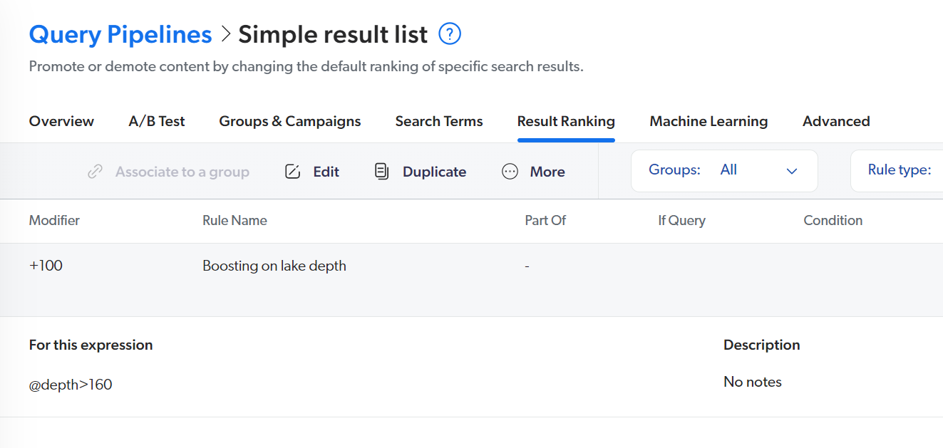Screenshot of a query pipeline result ranking rule where the modifier is plus 100 when at depth is greater than 160 | Coveo