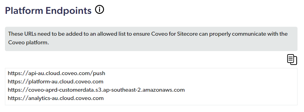 Screenshot of the Command Center Platform Endpoints section showing some endpoints containing hyphen a u in their URL | Coveo