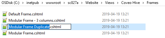 Screenshot of the Windows File explorer showing the file being renamed to Modular Frame Duplicate dot cshtml | Coveo