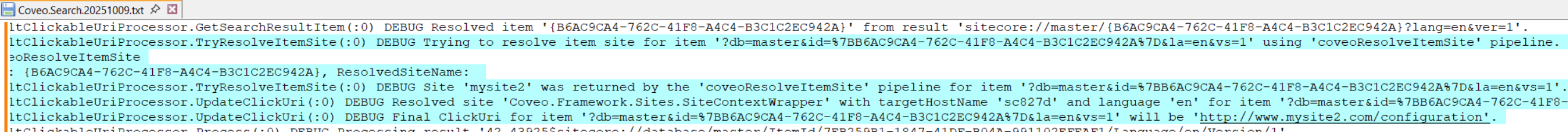 Site resolution process logs | Coveo for Sitecore