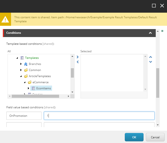 Screenshot of the result template data source with the On Promotion equal 1 field value based condition specified | Coveo