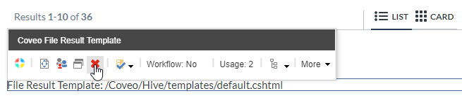 Screenshot of a Coveo File Result Template rendering floating toolbar with the red x icon highlighted