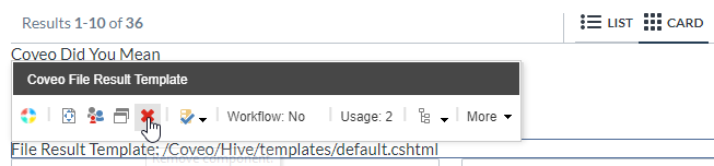 Screenshot of the other Coveo File Result Template rendering floating toolbar with the red x icon highlighted