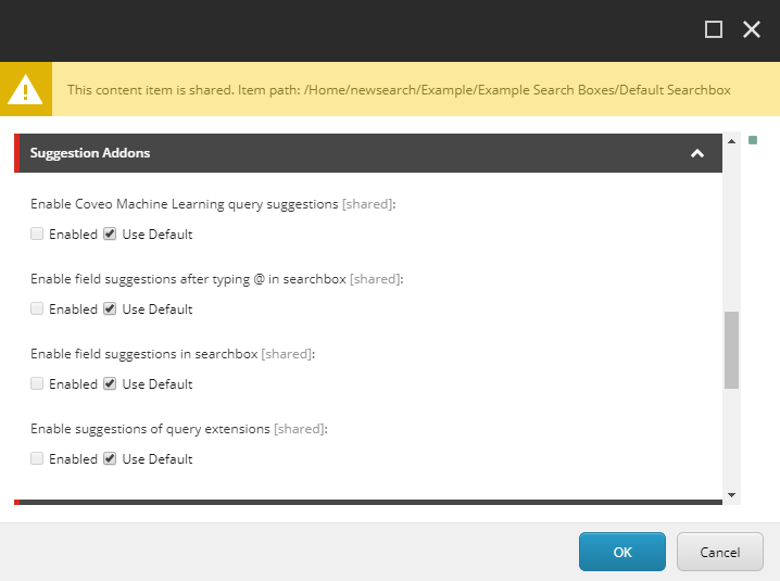 Screenshot of the Coveo Searchbox rendering data source showing all suggestion addons options set to use default | Coveo