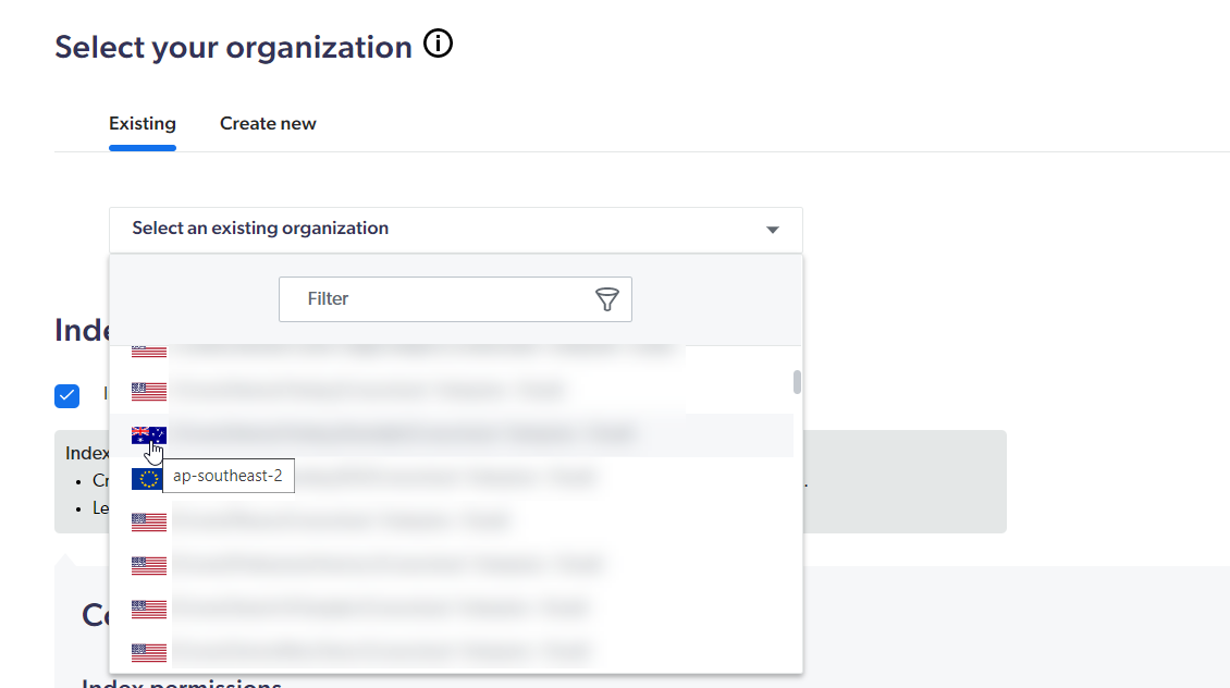 Image of Select Organization dropdown menu with region flags | Coveo for Sitecore 5