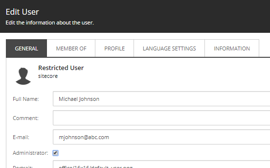 Screenshot of the Sitecore Edit User window with the Administrator checkbox checked