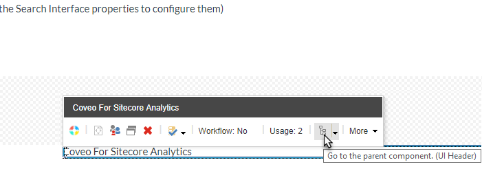 Screenshot of the Coveo for Sitecore Analytics component floating toolbar in the Sitecore Experience Editor and the Go to the parent button highlighted | Coveo