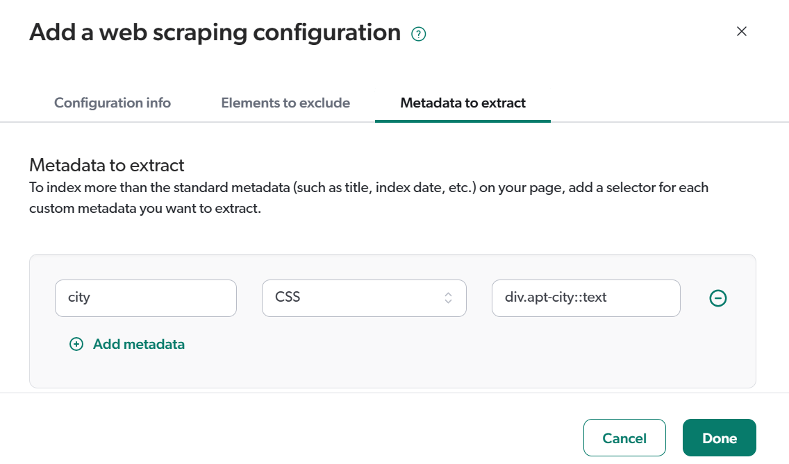 Screenshot showing a sample web scraping configuration to extract the city metadata | Coveo