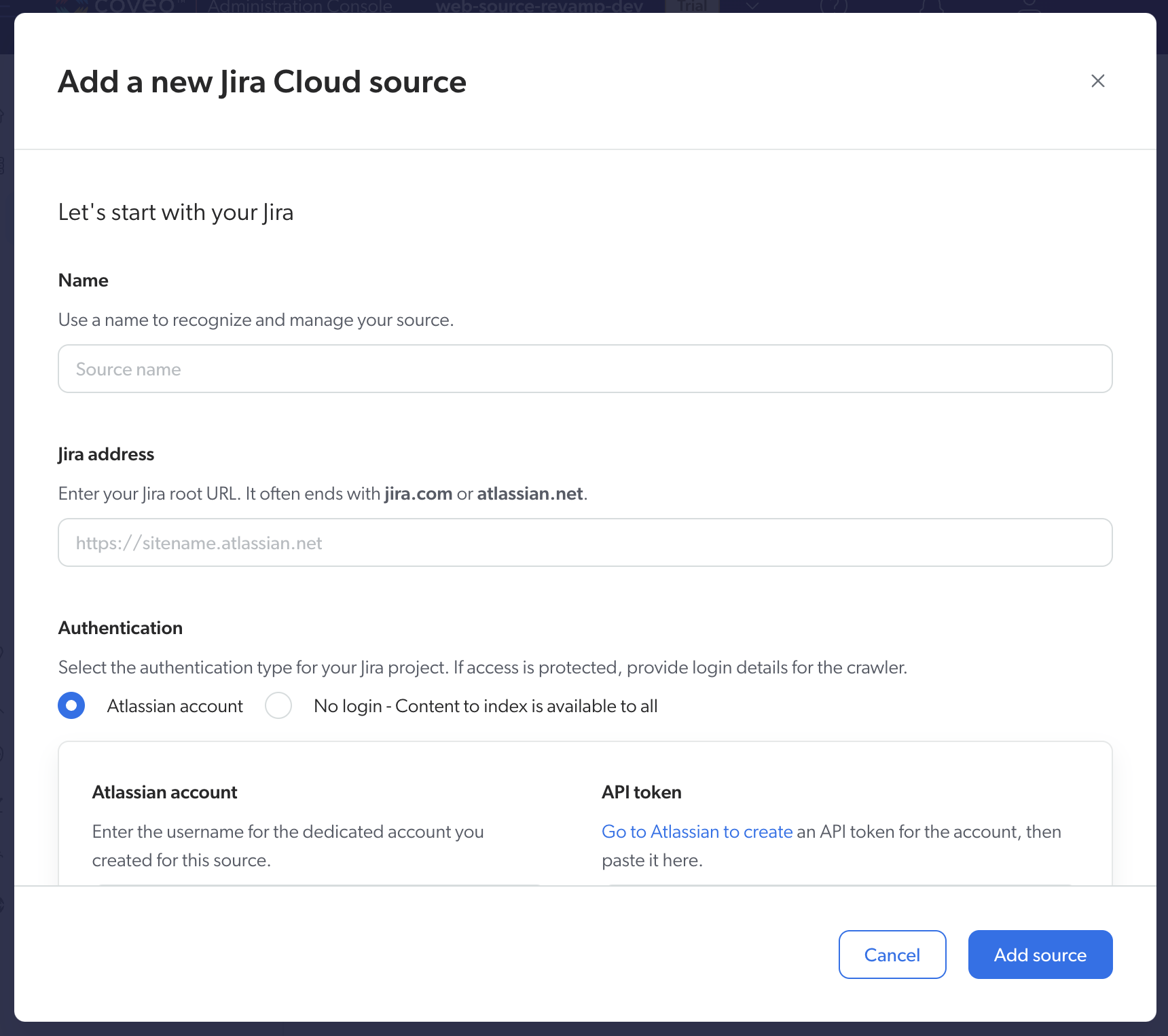 New Jira Software Cloud Source Panel