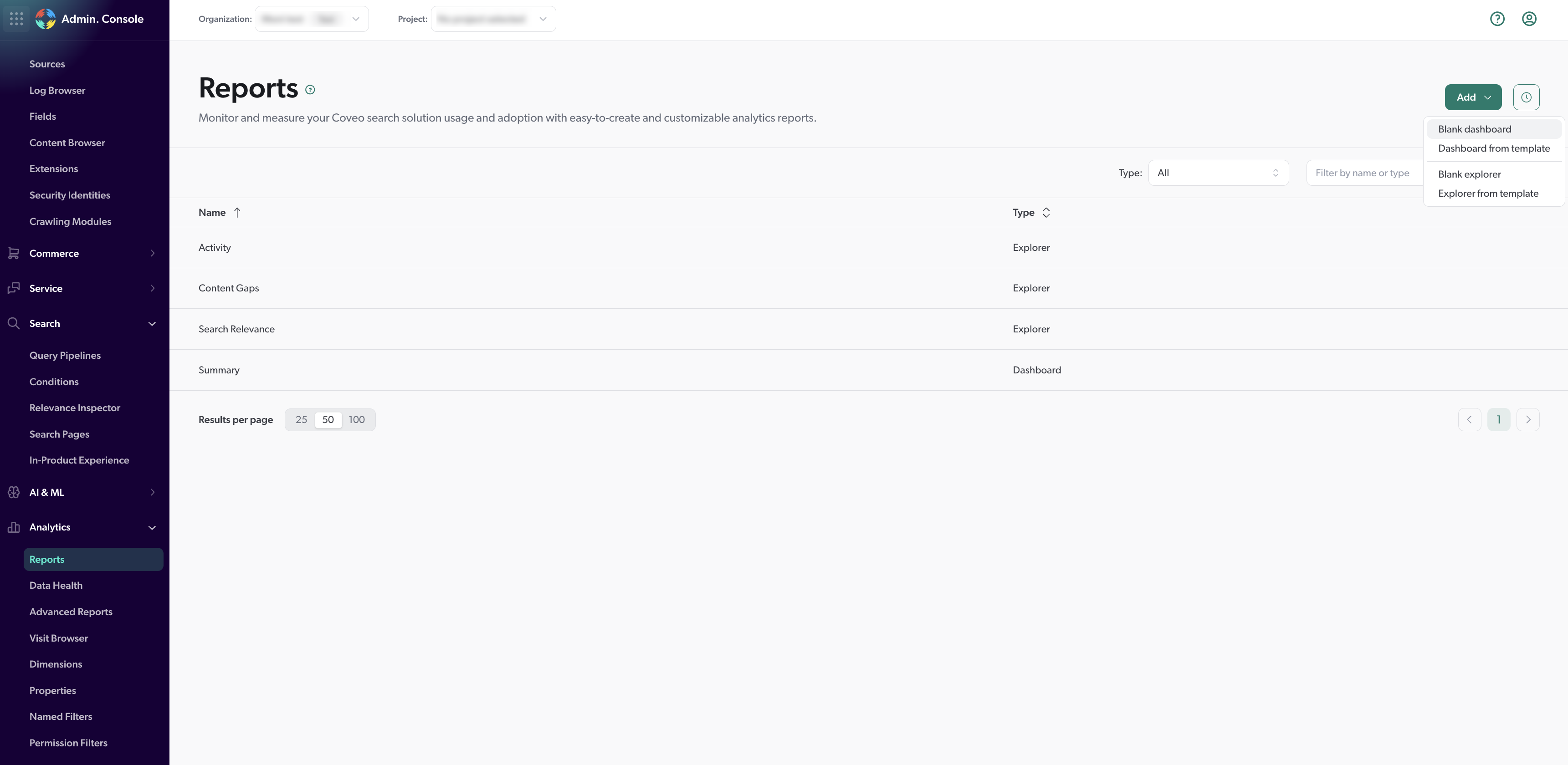 Add a dashboard on the Reports page | Coveo