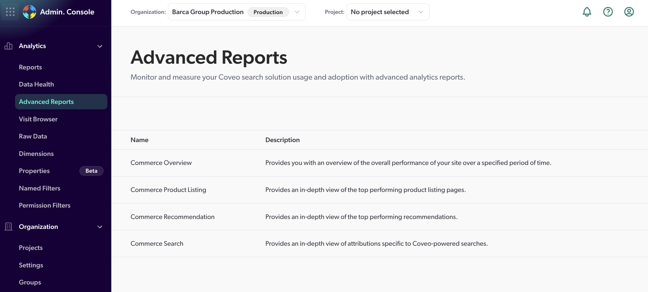 Advanced Reports page | Coveo platform