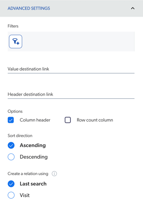 Advanced settings panel with destination link options | Coveo Platform