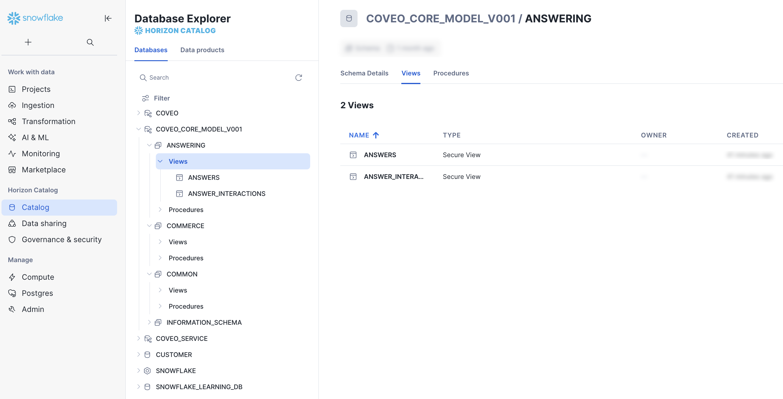 Coveo | ANSWERING schema in Snowflake