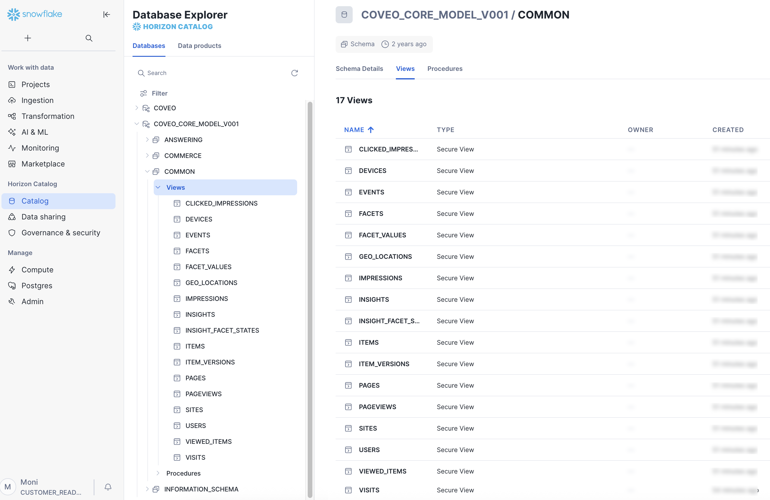 Coveo | COMMON schema in Snowflake