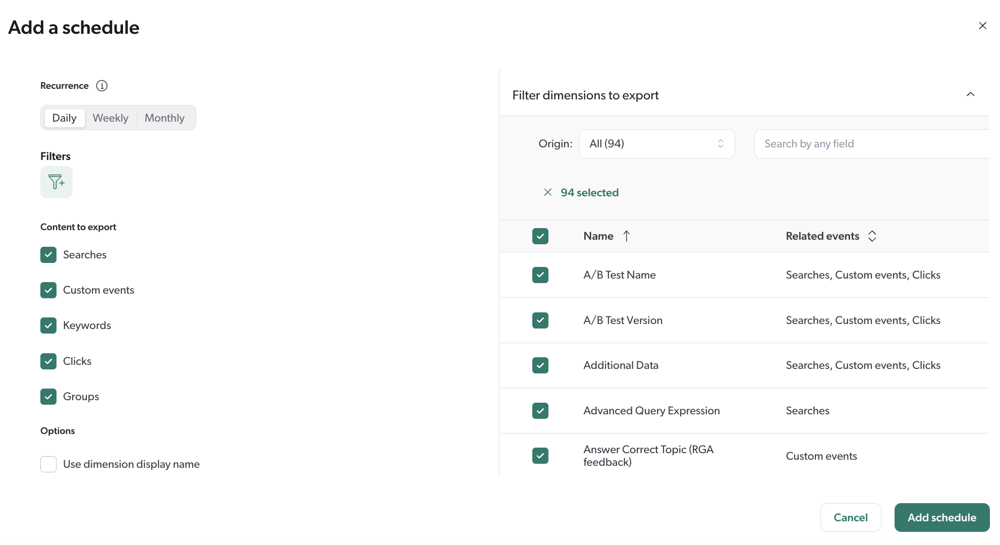 Data Export Schedule Panel | Coveo