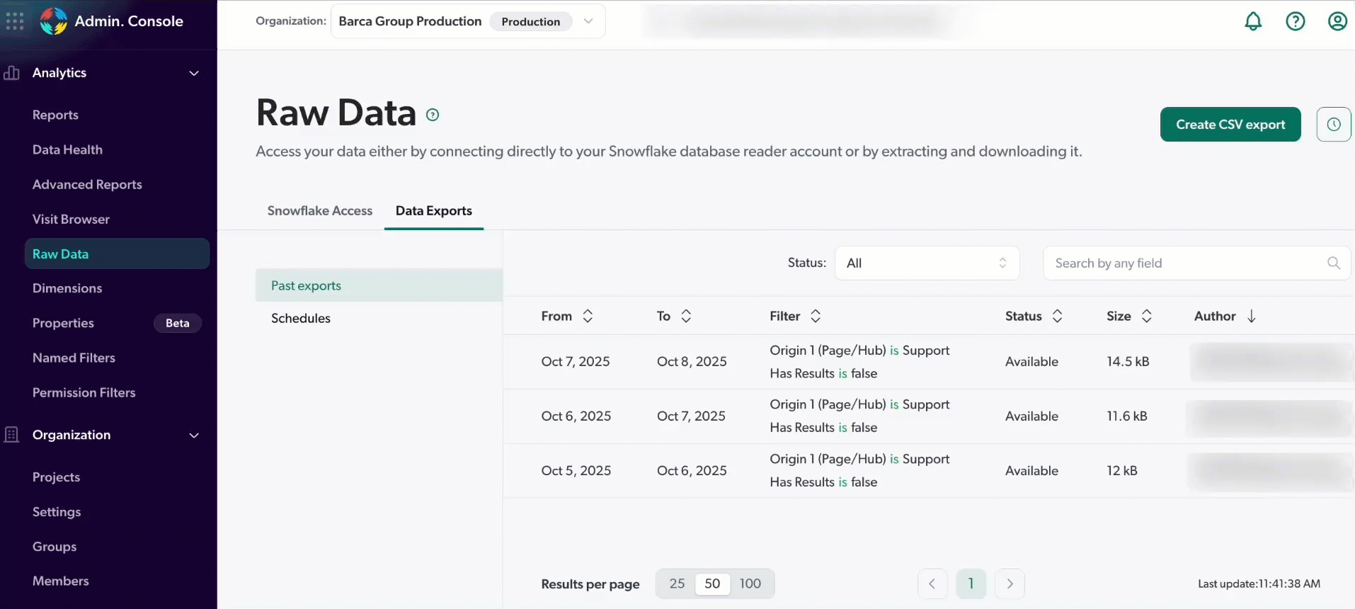 Data exports tab | Coveo platform